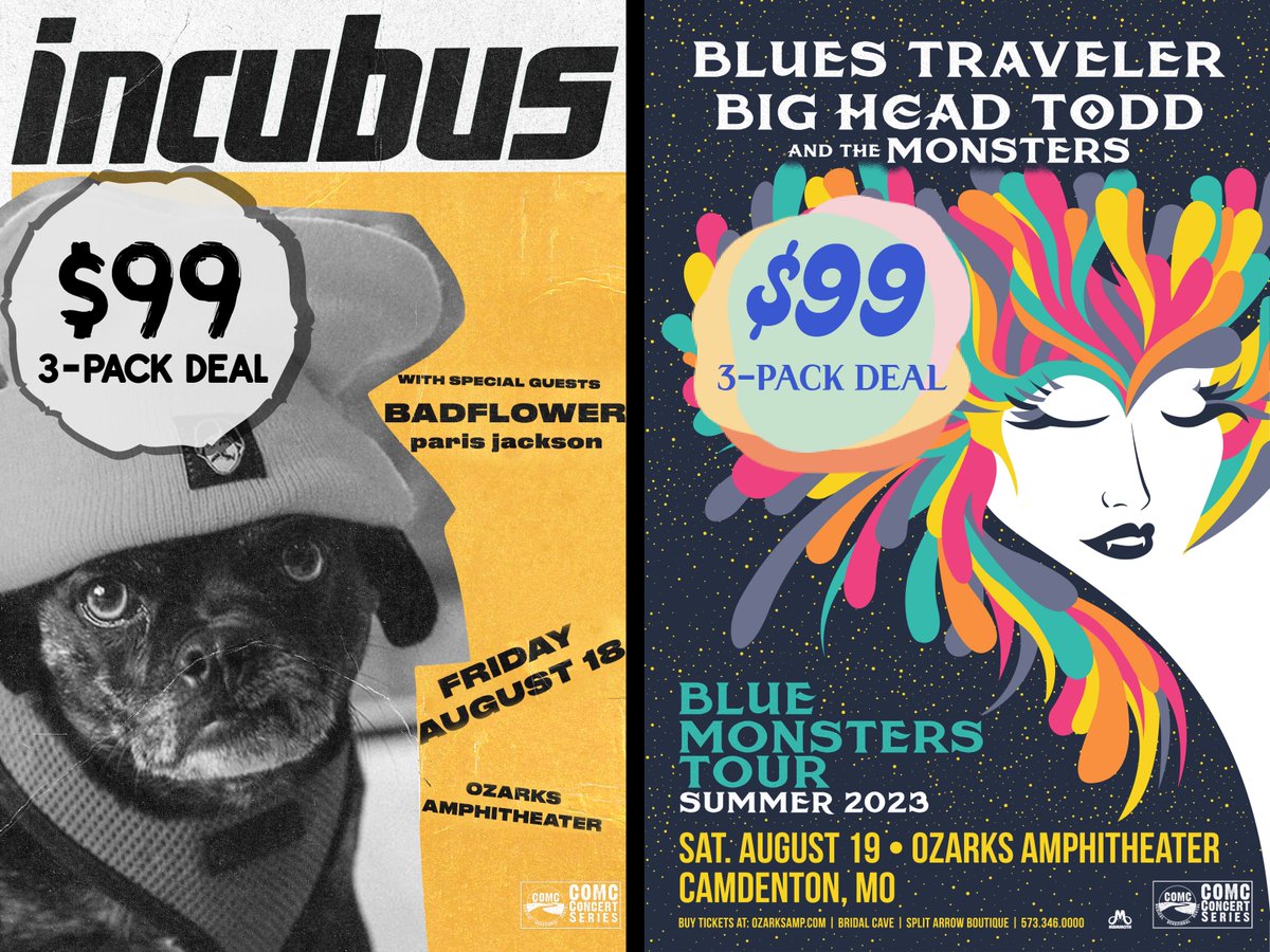 Don't miss your chance to see @IncubusBand or @blues_traveler next weekend! Get 3 tickets for only $99 at ozarksamp.com