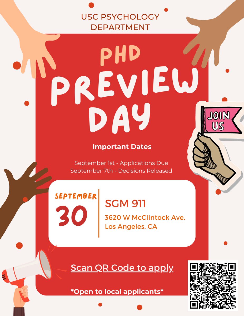itselaynez's tweet photo. ‼️ The Equitable Recruitment Committee at USC is excited to launch our first in-person preview day for students interested in pursuing a doctoral degree in Psychology this September 30th. More info and link to application below! #psychology #phd #applicants https://t.co/xhDmsedCP0