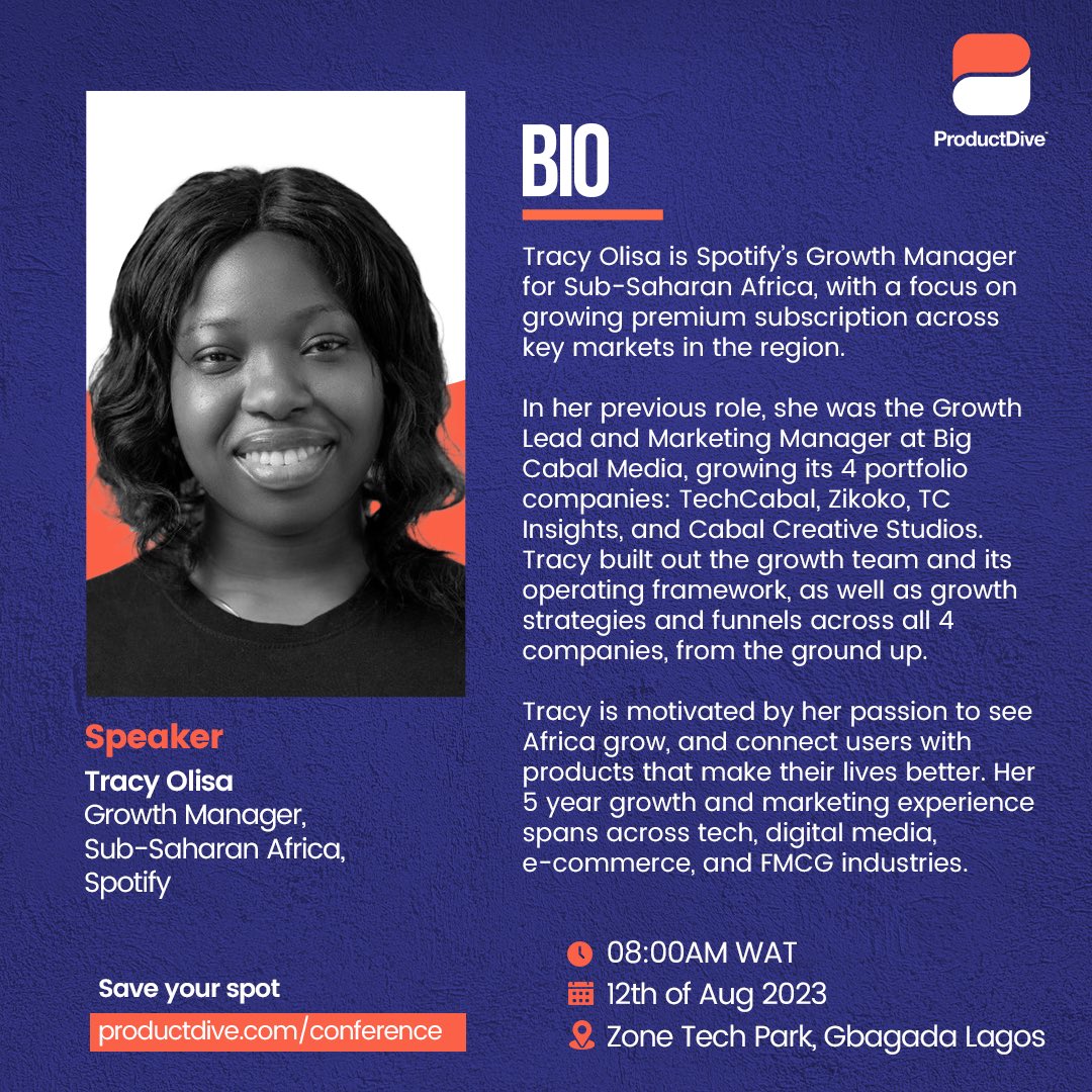 ProductDive's tweet photo. Excited to introduce Tracy Olisa , as one of our distinguished speakers at The DIVE 2023.

Join us at #TheDIVE2023 to learn from Tracy's exceptional journey in tech, digital media, e-commerce, and FMCG industries.

Register - https://t.co/eMMk99B9Kq https://t.co/x4AymEUmWl