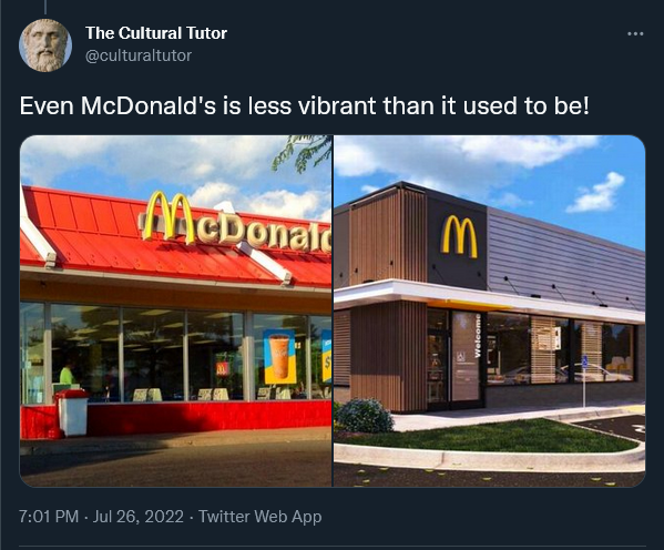 HansFiene's tweet photo. Here's my theory: McDonald's made this change because fun-happy-hooray buildings have an "only on special occasions" feel to them while communist-misery slabs have a "get your cafeteria slop here every day" feel.

Sorrow is more profitable than joy. https://t.co/hIkooHsY6O