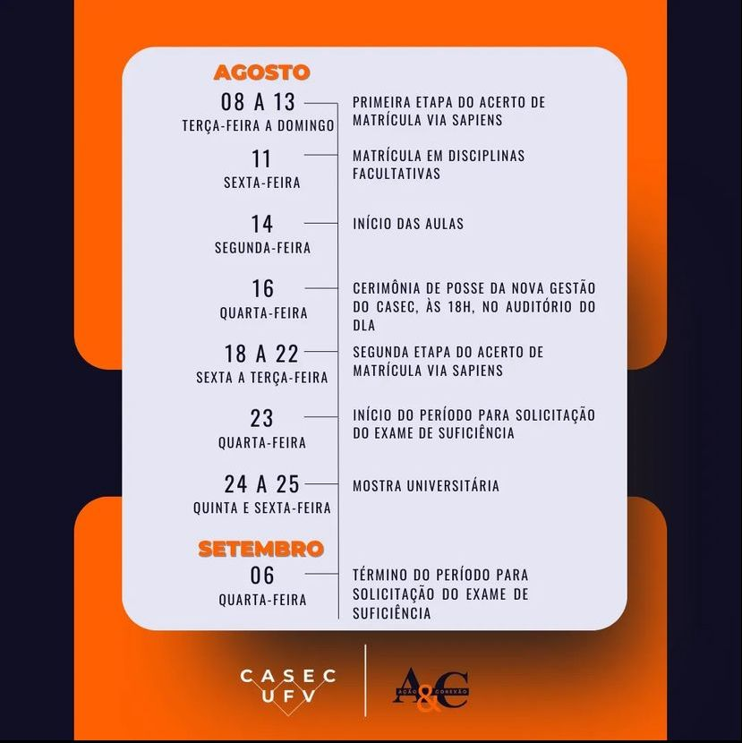 casecufv's tweet photo. Já estão por dentro do calendário de 2023.2 da graduação da UFV? O CASEC te ajuda! 💙🧡
#casec #sec #ufv #viçosa #secretariado #secretariadoexecutivo 

Instagram: https://t.co/vIDFXsoyUn https://t.co/iPp6fRCIlu