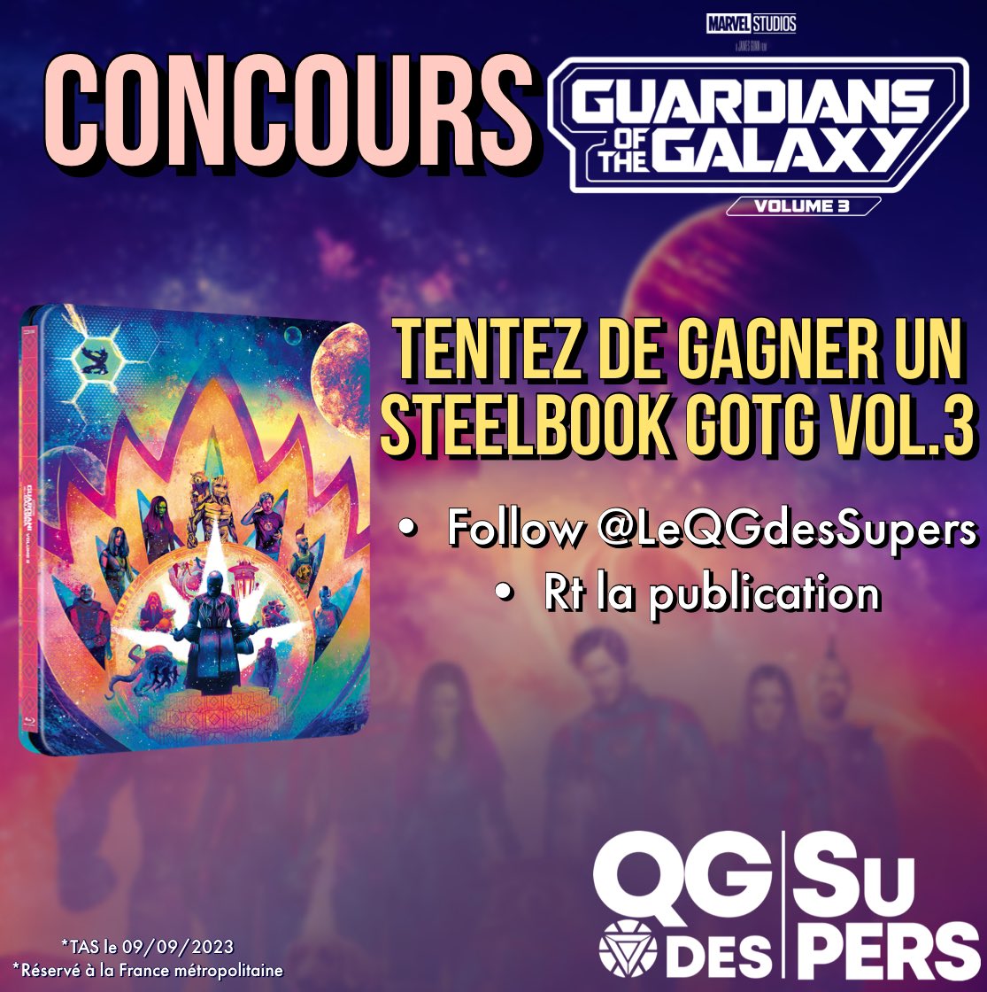 LeQGdesSupers's tweet photo. 🎁 #Concours 🎉

Je vous fait gagner un Steelbook collector du film #Marvel ‘Guardians Of The Galaxy Vol.3’ !

Pour participer:
• Follow @LeQGdesSupers 
• RT cette publication 

Et cite ton membre préféré des Gardiens de la Galaxie.
TAS le 09/09/2023. Bonne chance !🍀 https://t.co/RiZg5wEEG0