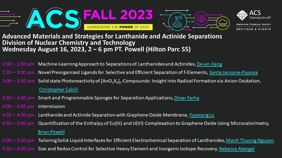 For any folks going to #acsfall2023, come check out the session I organized in NUCL "Advanced Materials and Strategies for Lanthanide and Actinide Separation" on Wednesday 8/16, 2-6 pm PT in Powell Hilton Parc 55. It's an excellent lineup of speakers discussing great science!