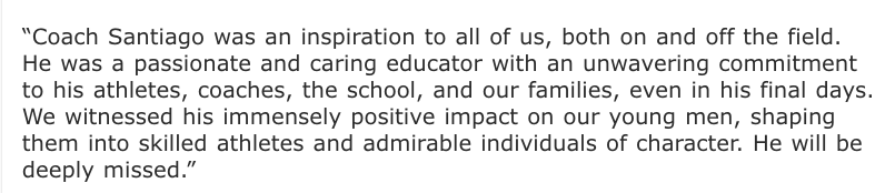KSATRJ's tweet photo. Sad news in the coaching and education field. Long time football coach Mike Santiago has died. Santiago coached college at UIW, TXST, and was current coach at @SATXCCHS @ButtonAthletics. Central President Jason Longoria shared the statement below. (First reported by @padillapoll) https://t.co/W0hQ0tEOlY