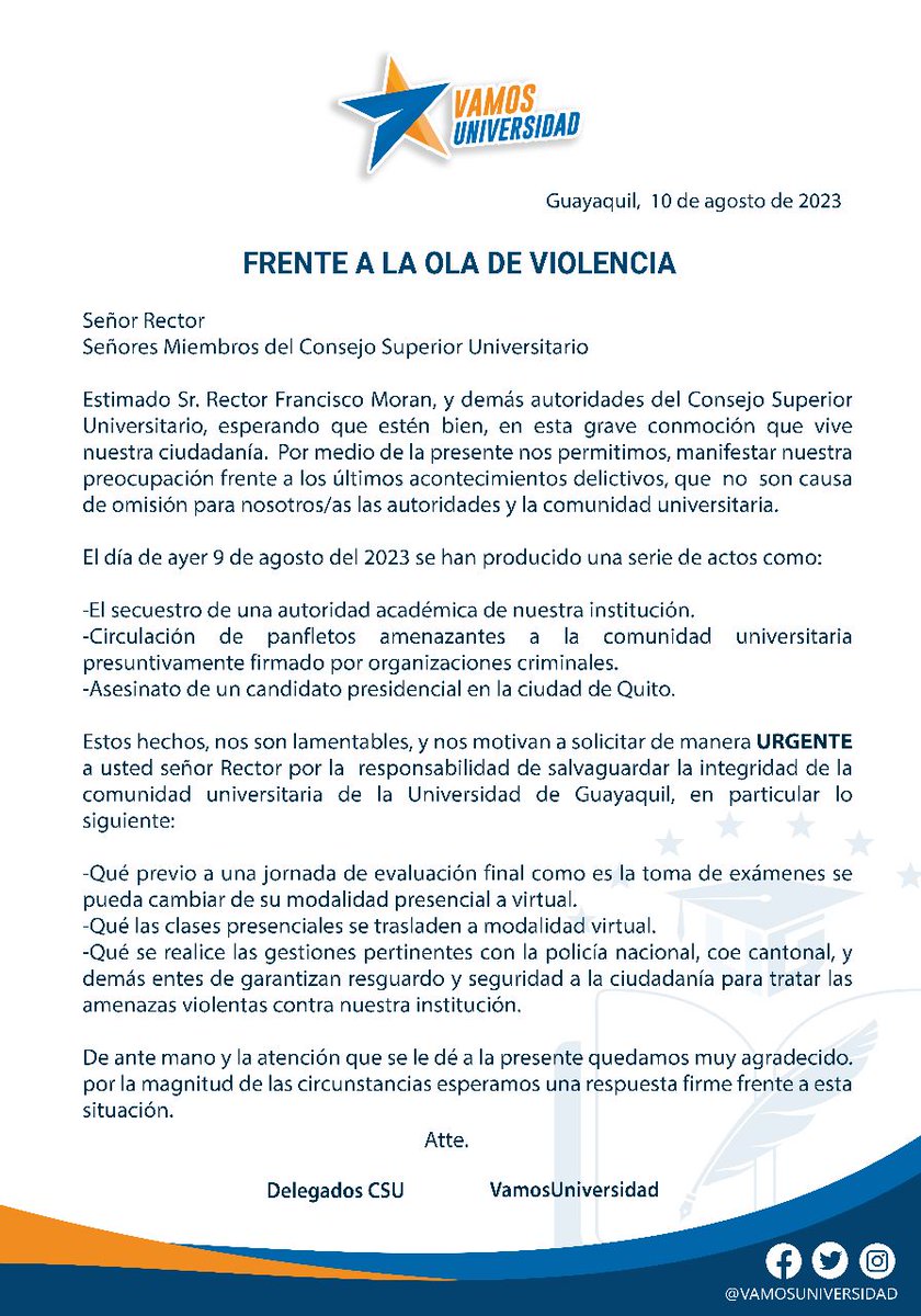 vamosug's tweet photo. #VamosUniversidad🟠🔵
#COMUNICADO
Debido a los últimos eventos suscitados en el país y como prioridad el precautelar la seguridad de la comunidad Universitaria, exigimos al rector @pacorectorug lo siguiente: https://t.co/L4KushflyV