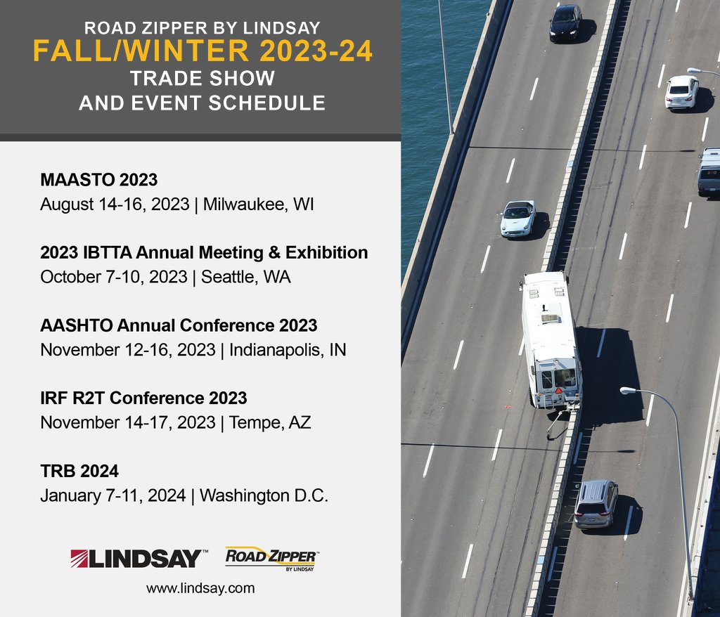 LindsayInfra's tweet photo. We have lots of exciting events booked for the #RoadZipper team this fall and winter, and we'd love the chance to connect with you at one of them! Here is where you can find the Road Zipper team the rest of 2023 and into 2024 🔥⁠
⁠
#RoadZipperbyLindsay #LindsayInfrastructure https://t.co/Gjmra3bbwZ