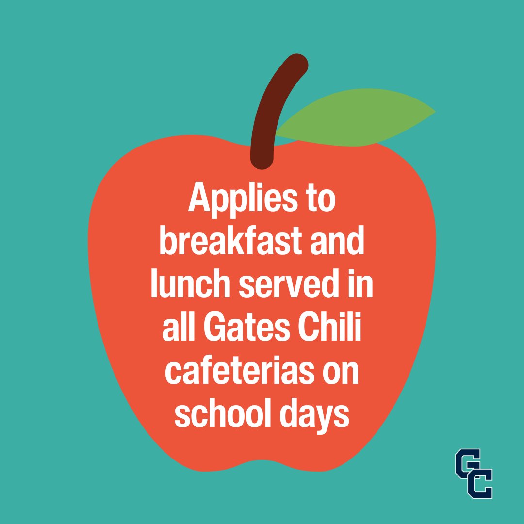 🌟WE HAVE BIG NEWS TO SHARE!🌟
In Gates Chili, we're continuing to remove barriers and embrace equity. This school year, ALL students can enjoy FREE meals at school every day. 🍏🥪  (1/2)