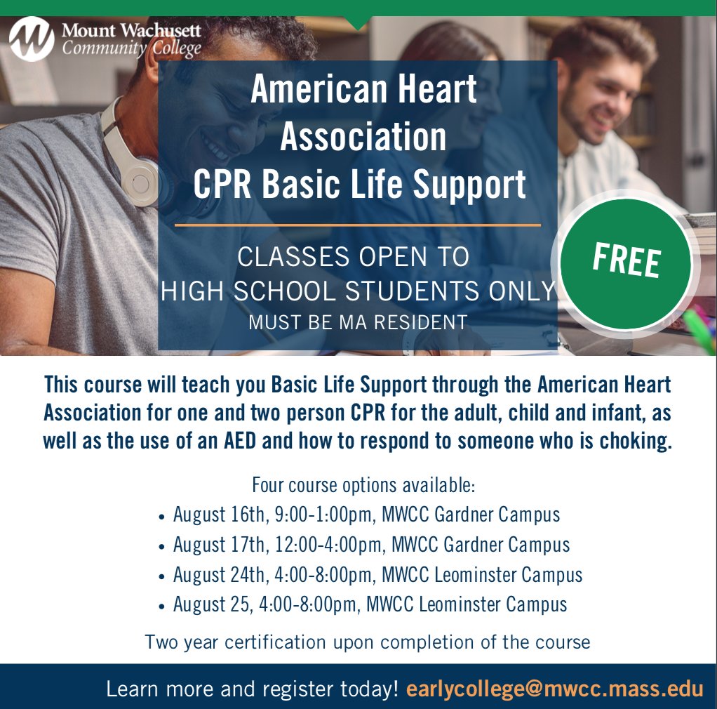 💪🏽 Learn the lifesaving skills of CPR Basic Life Support with <a href="/MountWachusett/">MWCC</a>!  

In this course, you'll learn Basic Life Support through the <a href="/American_Heart/">American Heart Association</a>, the use of an AED, and how to respond to someone choking.  

Sign up today! 💙