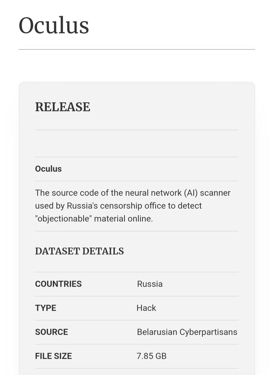 YourAnonTV's tweet image. #OpRussia: #DDoSecrets has published 7.85 GB of source code of the neural network (AI) scanner (known as) Oculus used by Russia's censorship office to detect "objectionable" material online. #SlavaUkraïni