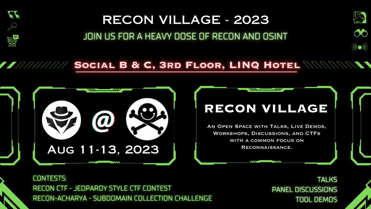 🔍🌐 The wait is almost over! Tomorrow is the big day! Welcome to Recon Village, DEFCON! 🎉 Get ready to explore the wonders of OSINT, and conquer the digital realm with fellow hackers from around the world! 🚀 #ReconVillage ☠️💻