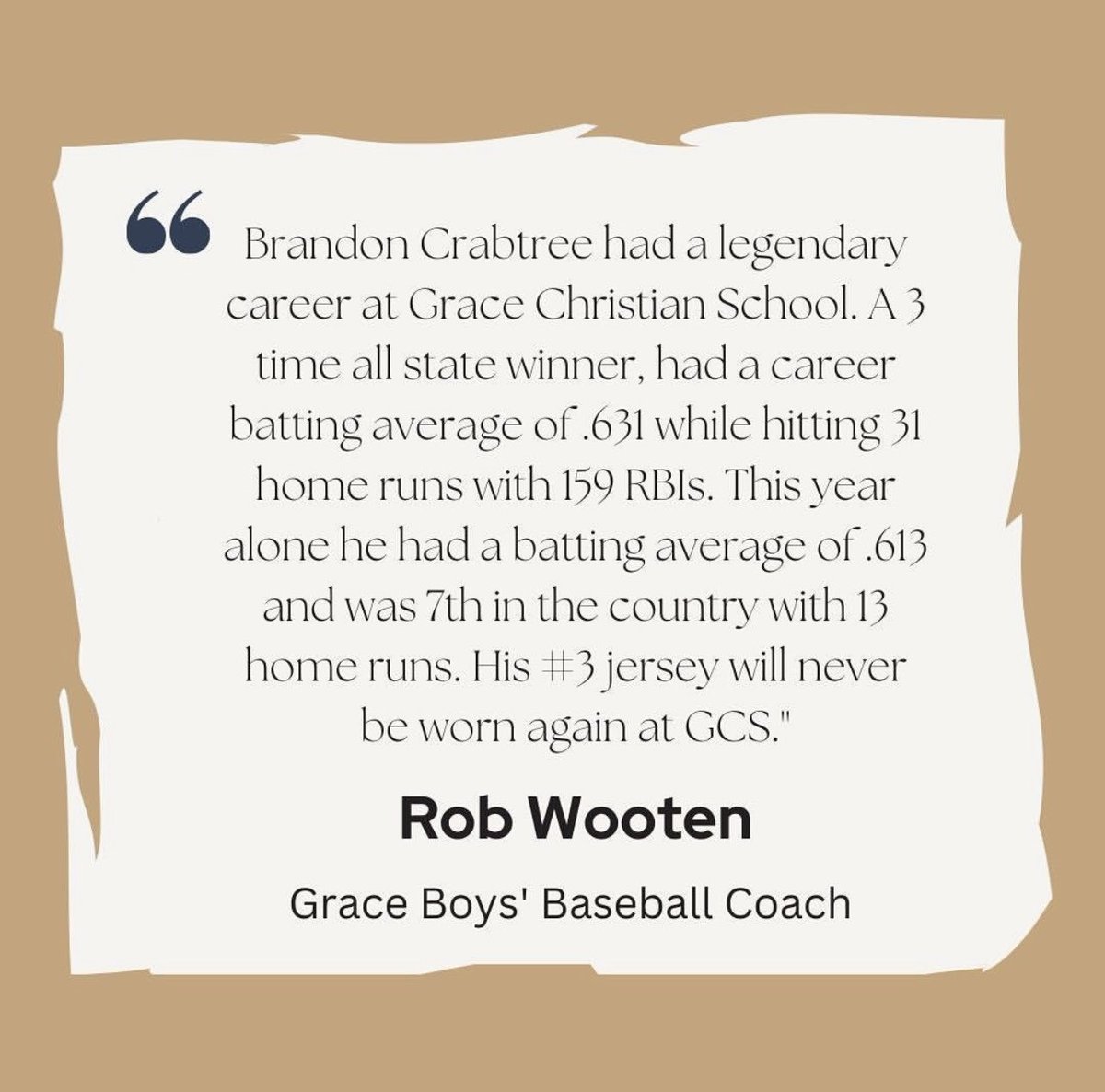 Congratulations <a href="/_BrandonC13/">Brandon Crabtree</a> on being named NCSAA National Hitter of the year. Tremendous accomplishment for a tremendous baseball player. #Graceball