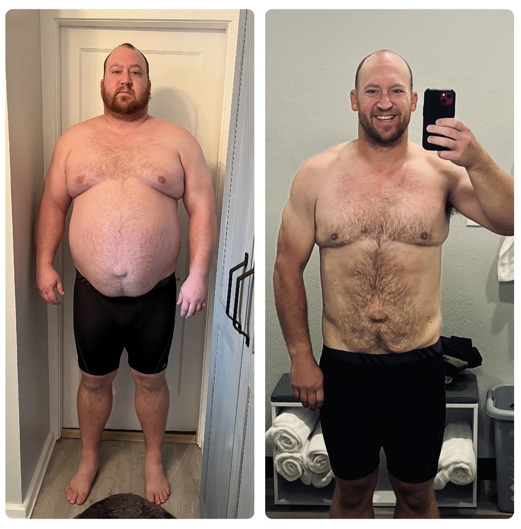 abharris03's tweet image. From February 2022

To today: 119 lbs. down

Guy on the left:

Lacked integrity
Blamed Others
Coped w/ Alcohol
Getting Divorced

Guy on the right:

Found Jesus
Takes Ownership
Doesn’t drink to cope
Gained strength through Divorce

Small actions over time create:

Big Results!