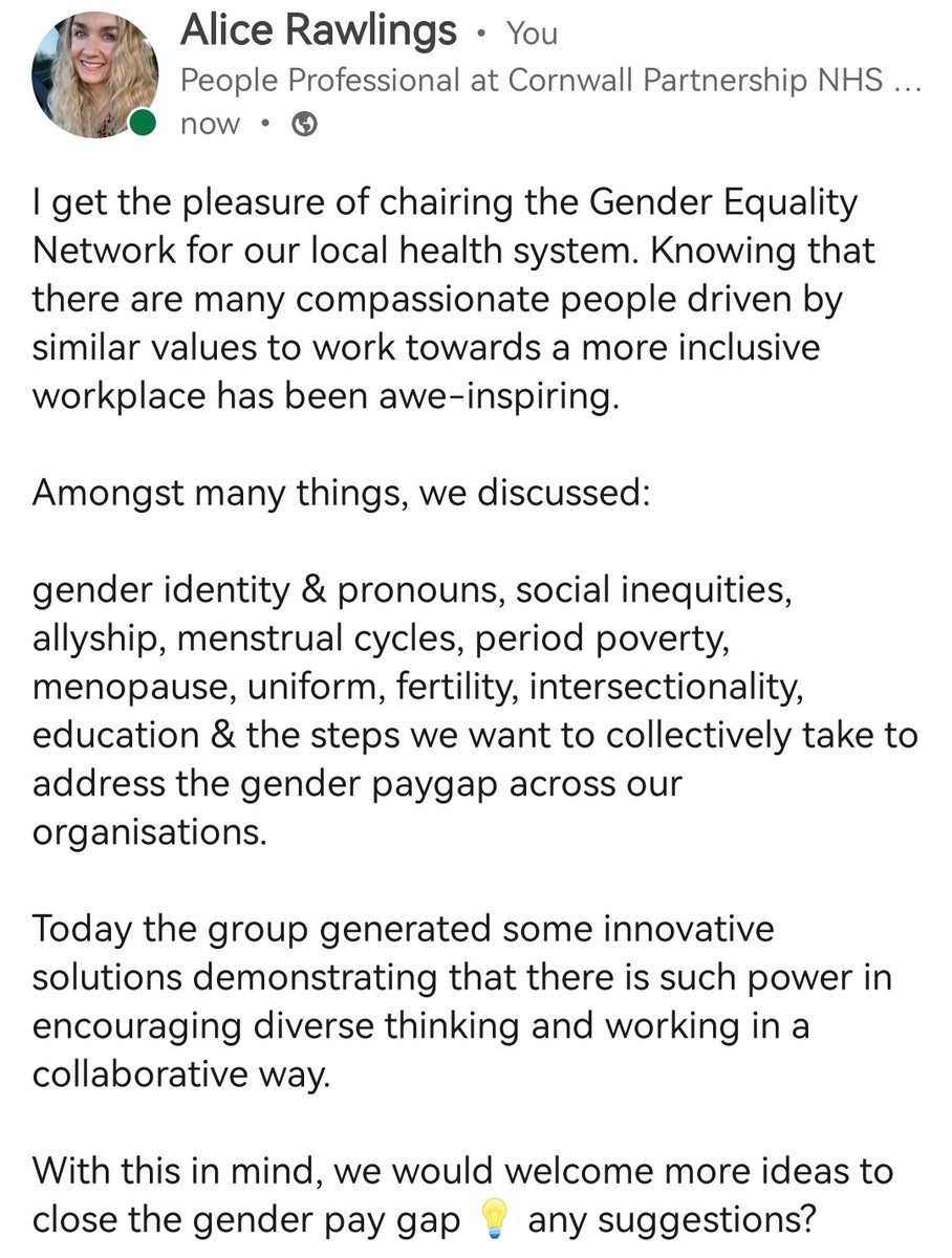Any ideas to address the gender paygap across NHS organisations in Cornwall.
Your comments and suggestions are welcome! 💡