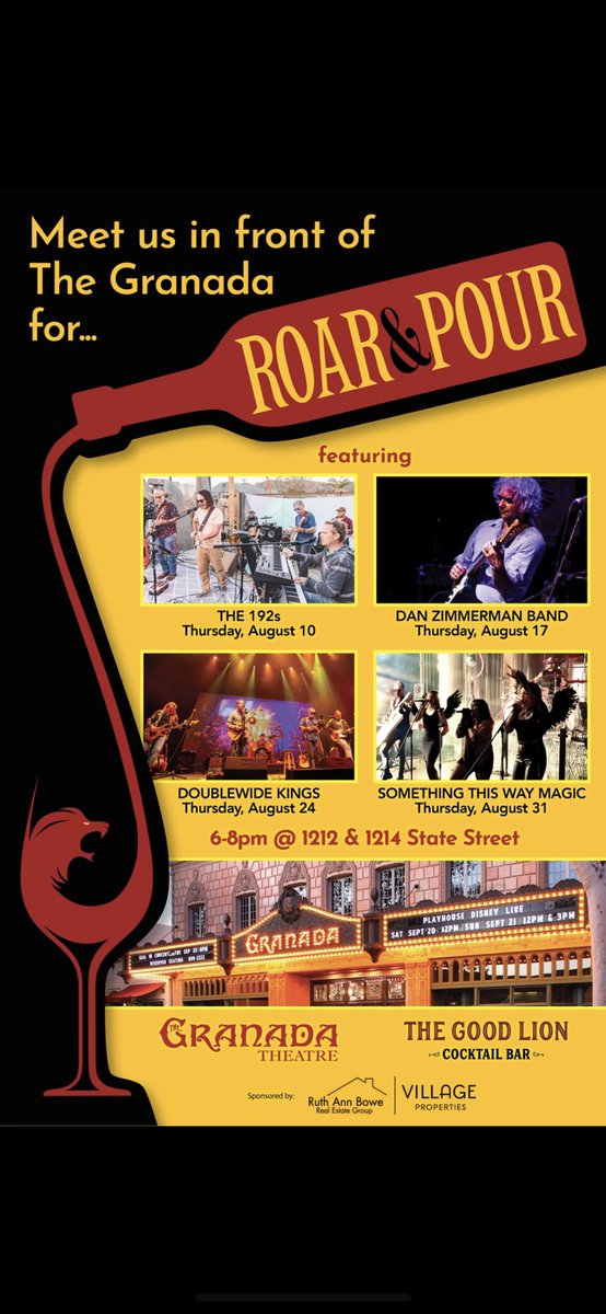 The Roar &amp; Pour lineup is here &amp; starts tonight! The <a href="/GranadaSB/">The Granada Theatre</a> is hosting an incredible free concert series showcasing a diverse lineup of talented musicians, which kicks off this Thursday (8/10) from 6-8 PM. ​​​​​​​​​
Set against the stunning backdrop of the Granada Theatre!