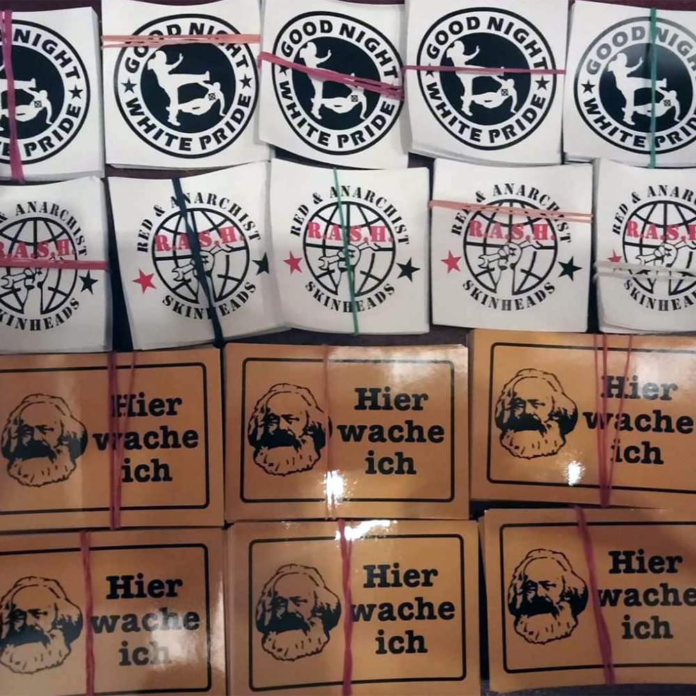 Redskinsberlin's tweet photo. "If you need stickers, we got stickers! Including the brand new "Guard Marx" design: don't let them tell you any bullshit, because nobody is getting past good old Karl anyway."

Spread the message - order here: https://t.co/MVi6uByHfZ

#sticker #gnwp #rash #marx #fireandflames https://t.co/el7YRjbrJp