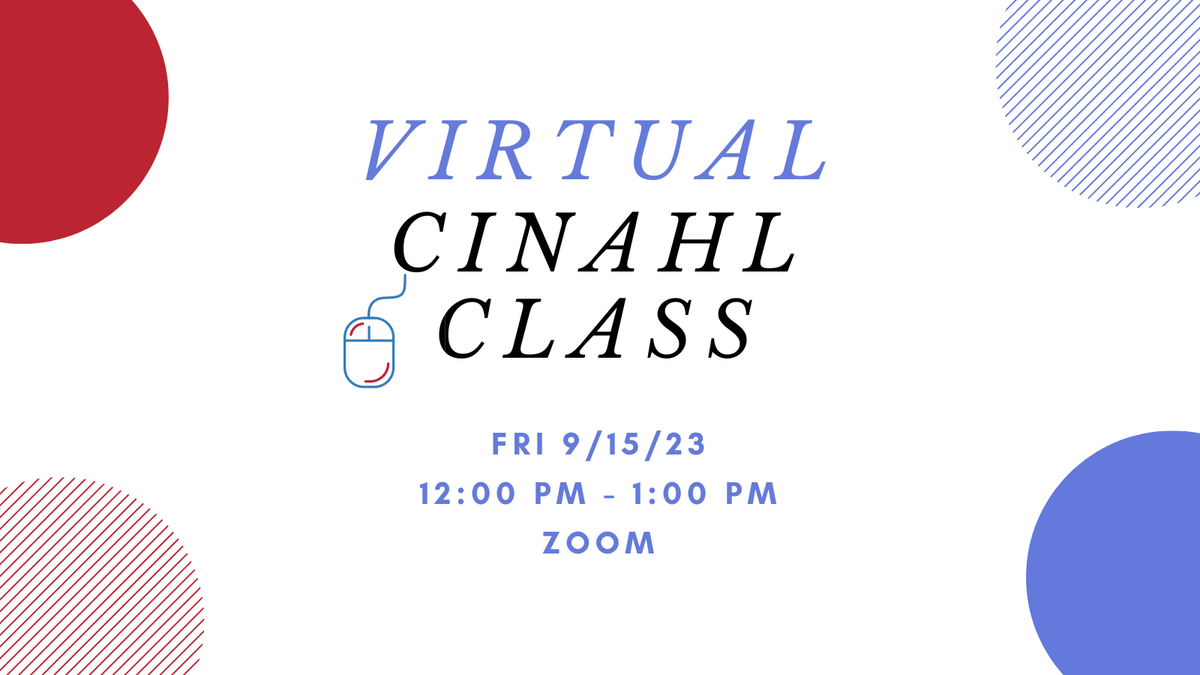BrighamBEI's tweet photo. Learn how to effectively search in and use features in #CINAHL in this virtual session with #BrighamBEI Medical Librarian @susan_warthman on Fri, 9/15/23, 12:00 PM - 1:00 PM.

#MedEd #MedTwitter 
@BrighamResearch @BrighamEndo 

https://t.co/gQjJM3B7Yi https://t.co/ilS5cfc9Mf