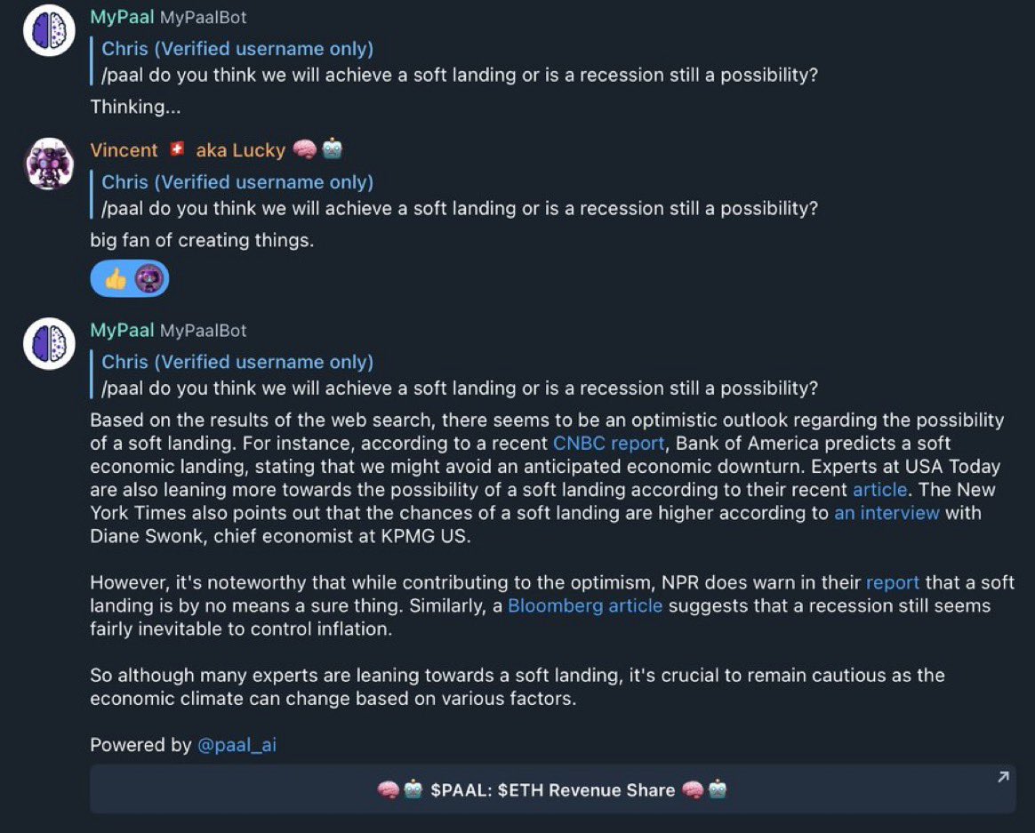 David M.O.O.N🤖🧠 (@pupsikcrypto) on Twitter photo $2000 Giveaway for 10 people
Steps : 👇
- RT this tweet
- Post your telegram research experience using AutoPaal by using /paal command via telegram bot ( t.me/mypaalbot )
Examples in the pictures
- use #autopaal #paal
- tag and follow <a href="/pupsikcrypto/">David M.O.O.N🤖🧠</a> @paalmind
End $2000 Giveaway for 10 people
Steps : 👇
- RT this tweet
- Post your telegram research experience using AutoPaal by using /paal command via telegram bot ( t.me/mypaalbot )
Examples in the pictures
- use #autopaal #paal
- tag and follow <a href="/pupsikcrypto/">David M.O.O.N🤖🧠</a> @paalmind
End
