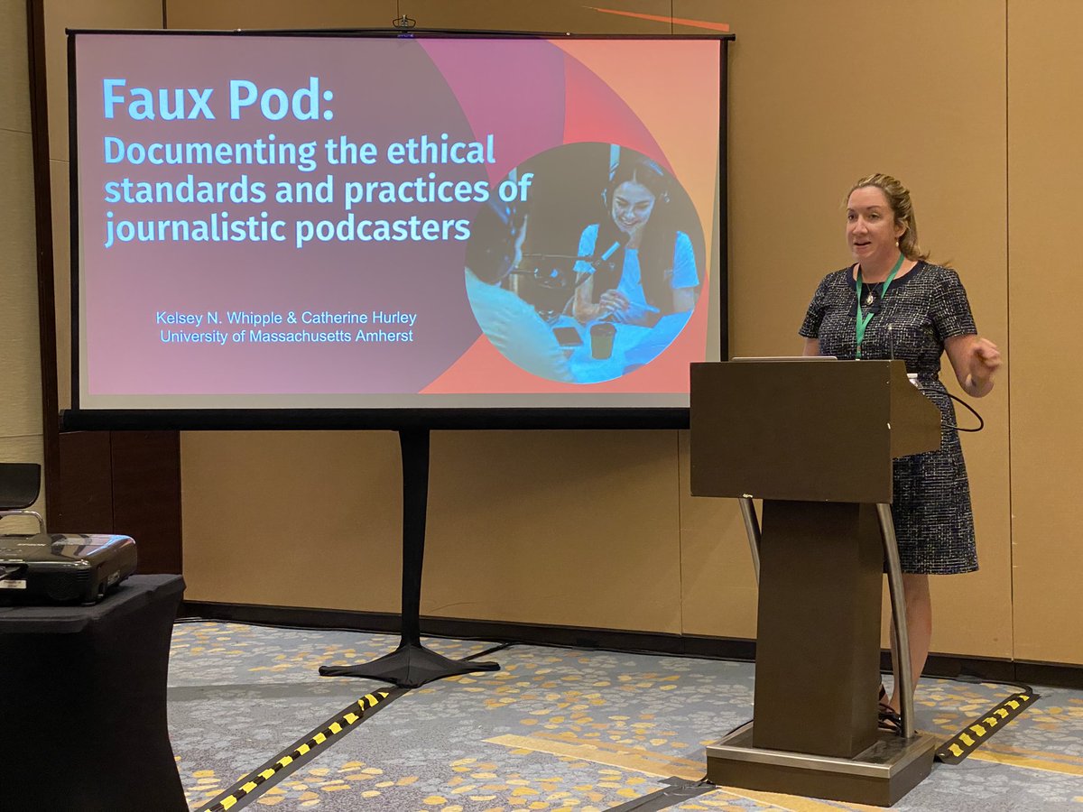 Another amazing title pun and great presentation from @kelseynwhipple! Interesting work on podcasters and ethics @AEJMCethics @UMassJournalism