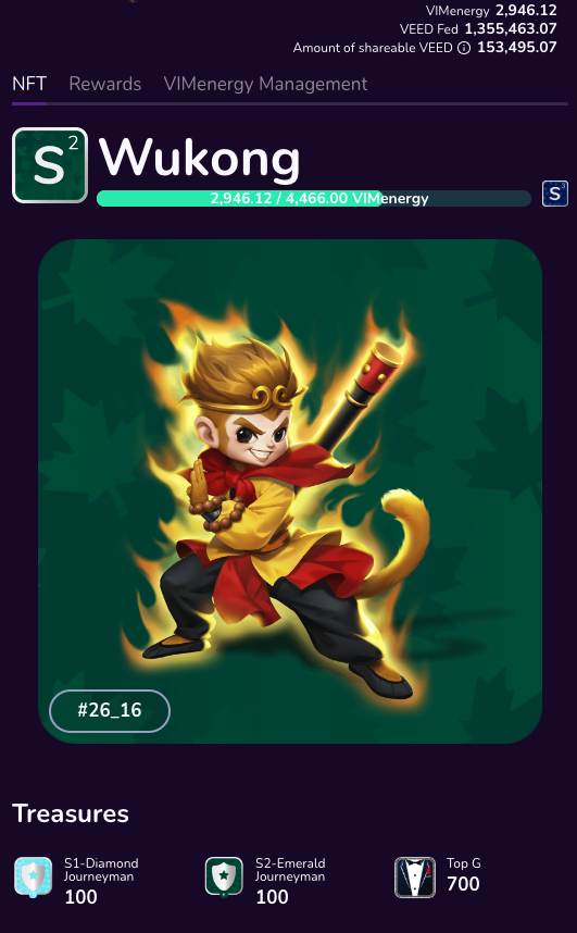 VIMworldGlobal's tweet photo. More #rewards earned by users who are #staking $VEED tokens to level up their VIMs. Wukong 26_16 reached S2 (with new artwork) and 26_17 reached S1, while Taizi 60_795 also reached S1. Each will #Earn  more daily $POWA tokens with the added treasures received. #BNB #airdrop #ETH https://t.co/FLa5IiBeAQ