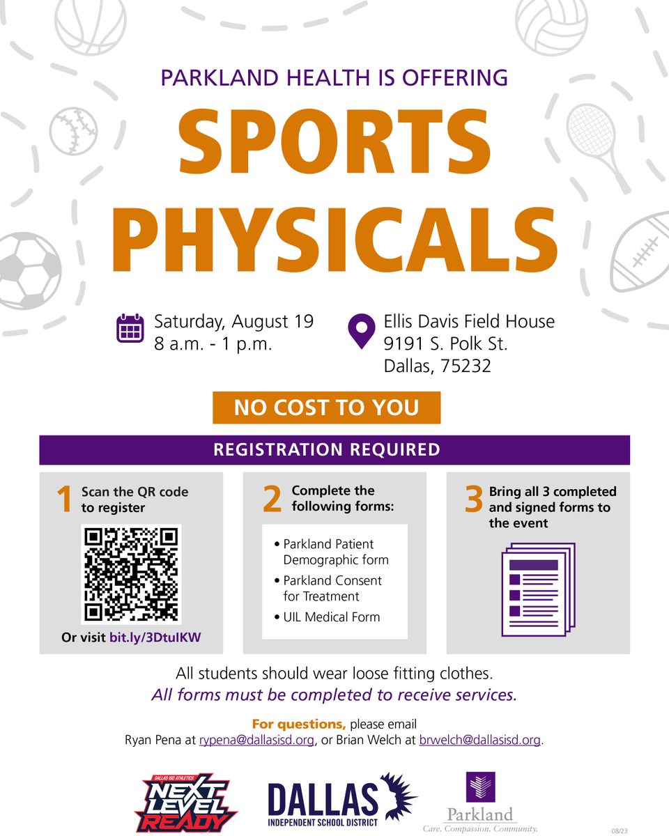 dallasathletics's tweet photo. We're working with Parkland Health to help Dallas ISD students get a free sports physical. All students must have a physical before they can practice. 

📅 Saturday, August 19
🕗 8 AM to 1 PM
📍 Ellis Davis Field House

Please pre-register: https://t.co/KsU8u3weLP https://t.co/8f4dA0fr7m