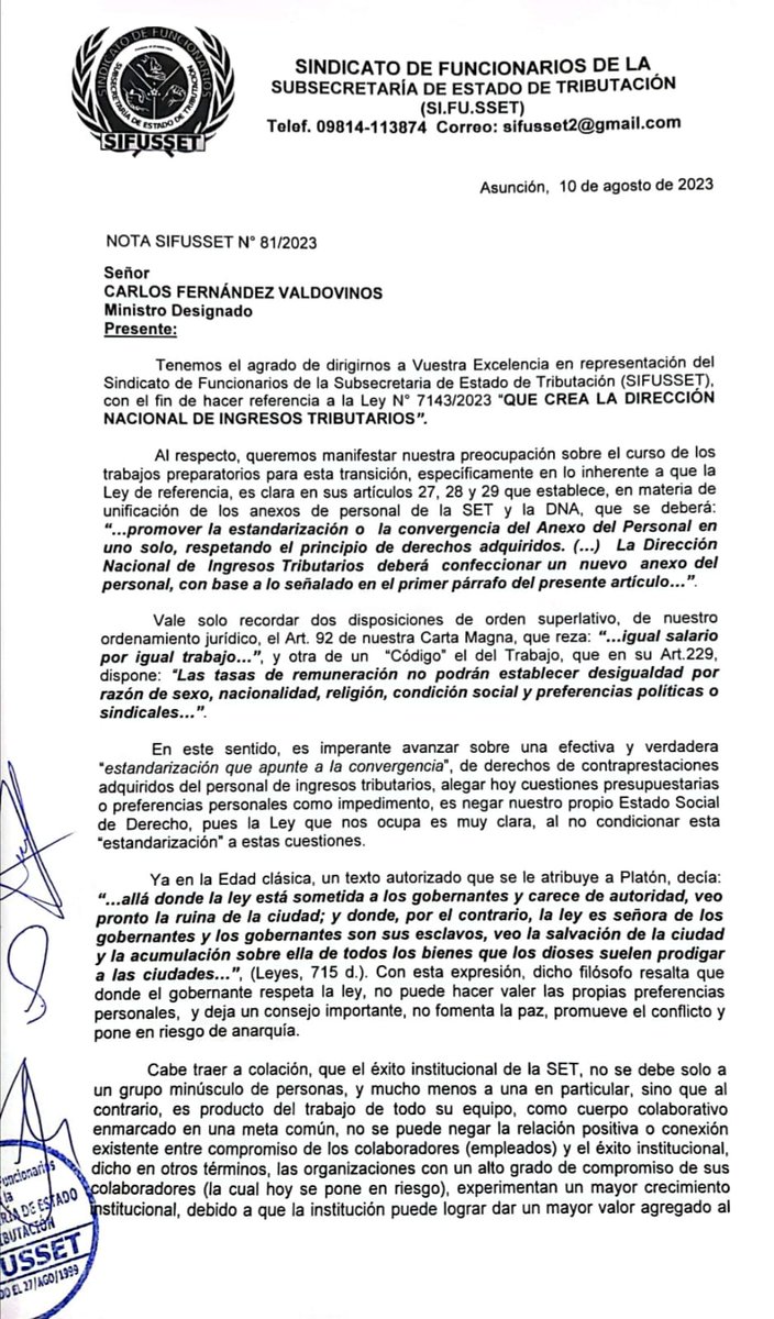 SetSindicato's tweet photo. @SantiPenap @AllianaPedro  @cgfernandezv @OscarOrue @osclov SOLICITAMOS EL CUMPLIMIENTO DE LOS ARTÍCULOS 27, 28 y 29 DE LA LEY 7143/23 (QUE CREA LA DIRECCIÓN NACIONAL DE INGRESOS TRIBUTARIOS) https://t.co/ElghNsnp6h