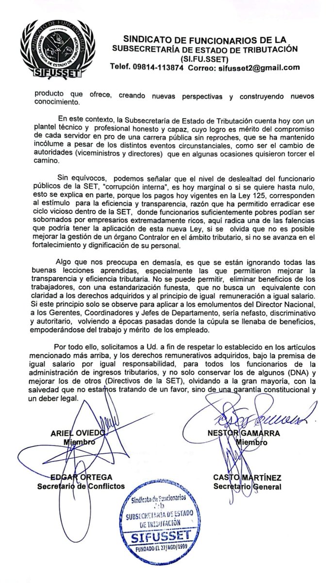 SetSindicato's tweet photo. @SantiPenap @AllianaPedro  @cgfernandezv @OscarOrue @osclov SOLICITAMOS EL CUMPLIMIENTO DE LOS ARTÍCULOS 27, 28 y 29 DE LA LEY 7143/23 (QUE CREA LA DIRECCIÓN NACIONAL DE INGRESOS TRIBUTARIOS) https://t.co/ElghNsnp6h