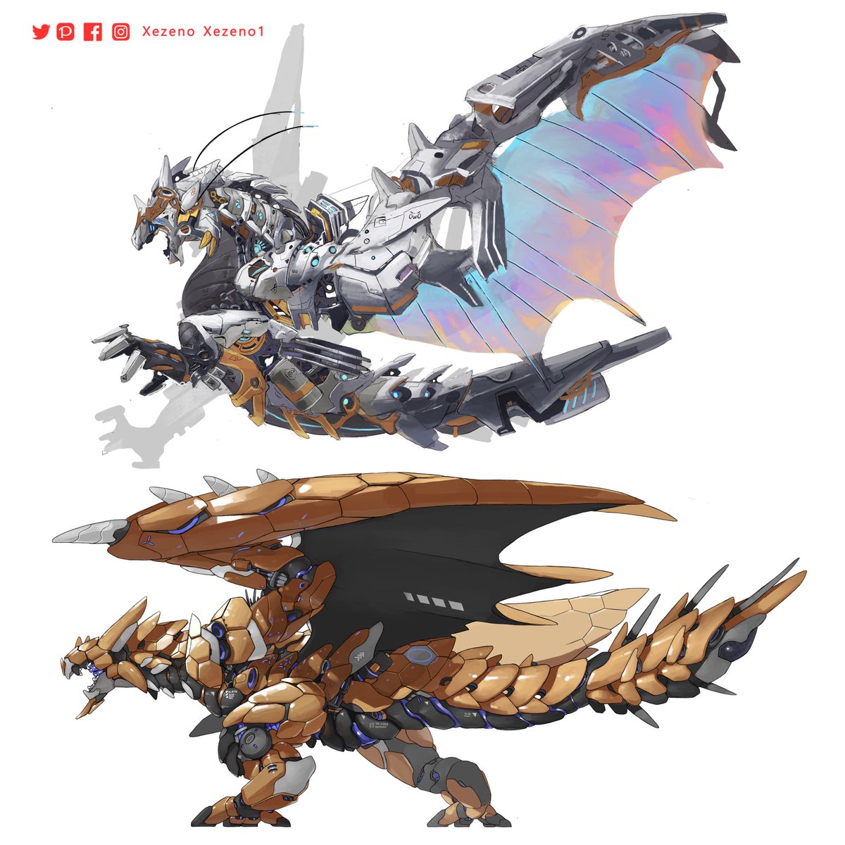 「Mecha Silver Rathalos and Gold Rathian」|Marcus Hiiのイラスト