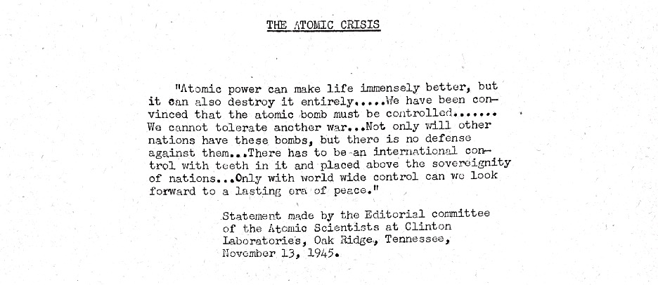 On November 13, 1945, the Atomic Scientists at Clinton Laboratories issued the below statement. Read more about scientific activism during the Cold War: bit.ly/3KAlXD4