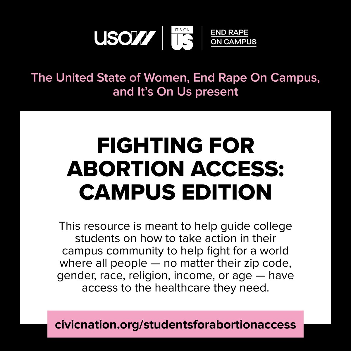 USOWomen's tweet photo. Today, we are proud to release Fighting for Abortion Access: Campus Edition — a new resource where college students can understand the legal landscape, locate local resources, and take action in their communities: https://t.co/0yxhICriSa https://t.co/MSCShXOsZo