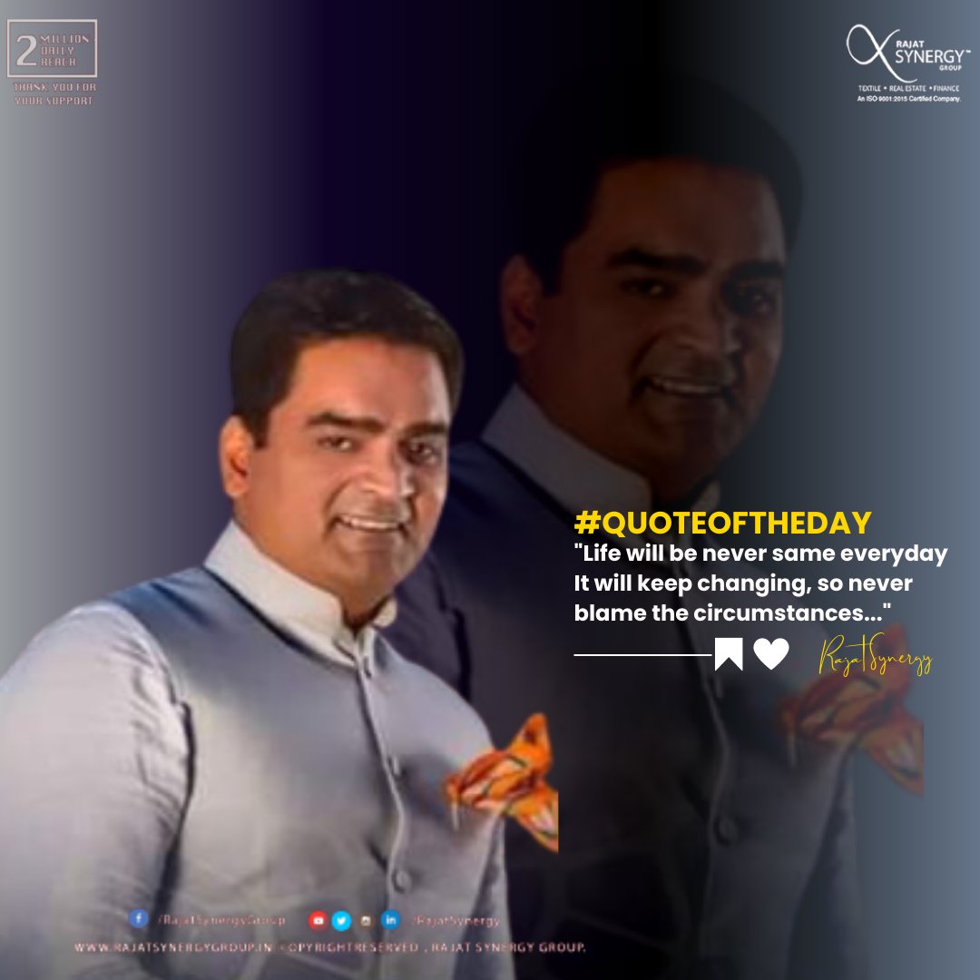 rajatsynergy's tweet photo. #quoteoftheday #QuotesByRajatSynergy 

"Life will be never same everyday
It will keep changing, so never blame the circumstances..."

~ RAJAT SYNERGY

#RajatSynergy #RajatSynergyGroup #RajatMohanPathak https://t.co/ao4uJhzKvk