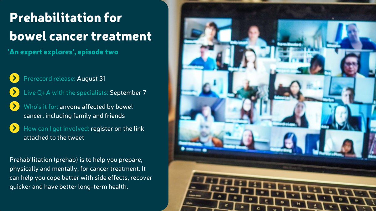 For the second episode of our ‘An expert explores’ series, we hear from @TaraRampal and @rolacagi about Prehabilitation for cancer treatment.

Register to watch the pre-recorded episode, and then join us for a live Q&A September 7.

More info⤵️
bowelcanceruk.org.uk/how-we-can-hel…