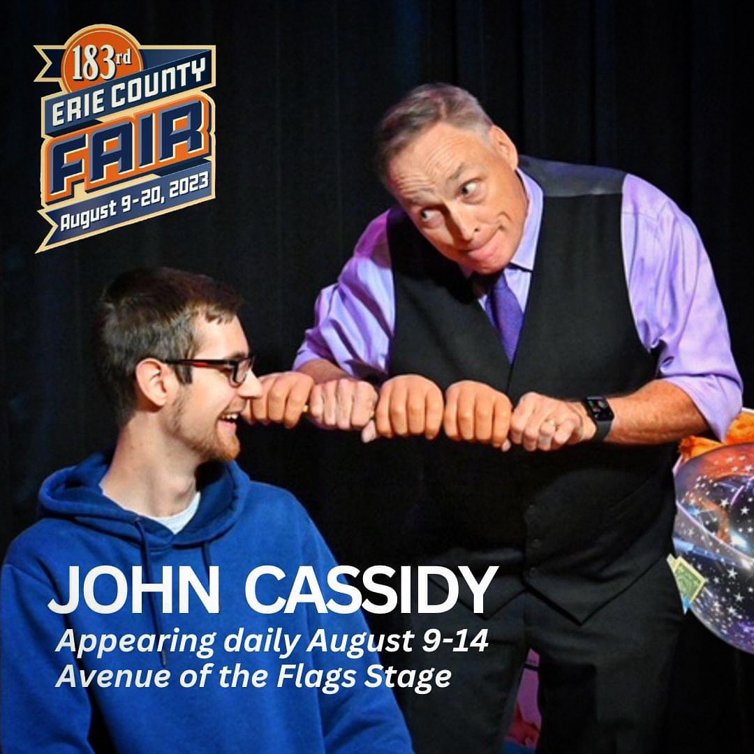 🎪 Step right up to the Erie County Fair and experience the magic of John Cassidy's "Comedy, Magic and Really Weird Things with Balloons"! 🌟 Don't miss his shows from August 9th-14th on the Avenue of the Flags stage at 2pm and 7pm daily! 🎈