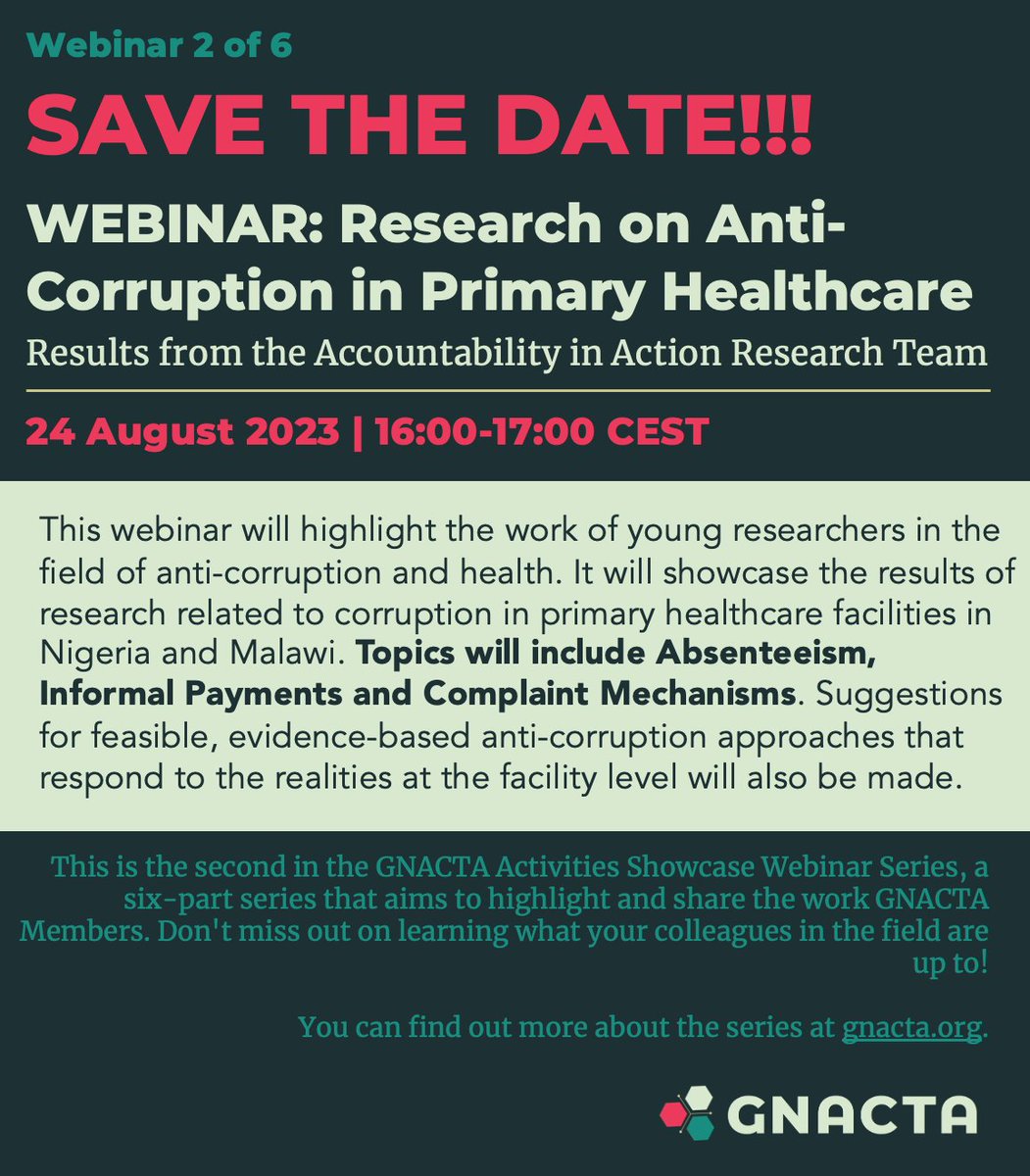 SAVE THE DATE!! On 24 August (16:00-17:00 CEST), we will host the 2nd webinar of the the #GNACTA Activities Showcase Series focusing on young researchers exploring #Absenteeism, #InformalPayments and #ComplaintMechanisms in Nigeria and Malawi.

Registration soon to follow!