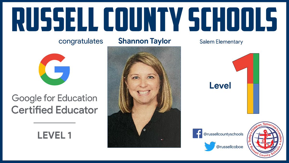 RussellCoBOE's tweet photo. Congratulations to Shannon Taylor of Salem Elementary for becoming a Level 1 Google Certified Educator this summer! Russell County Schools is proud of you! #GoogleCertifiedEducator @fordmich @mrgodby @kjwebb35 https://t.co/0jBbP2hESd