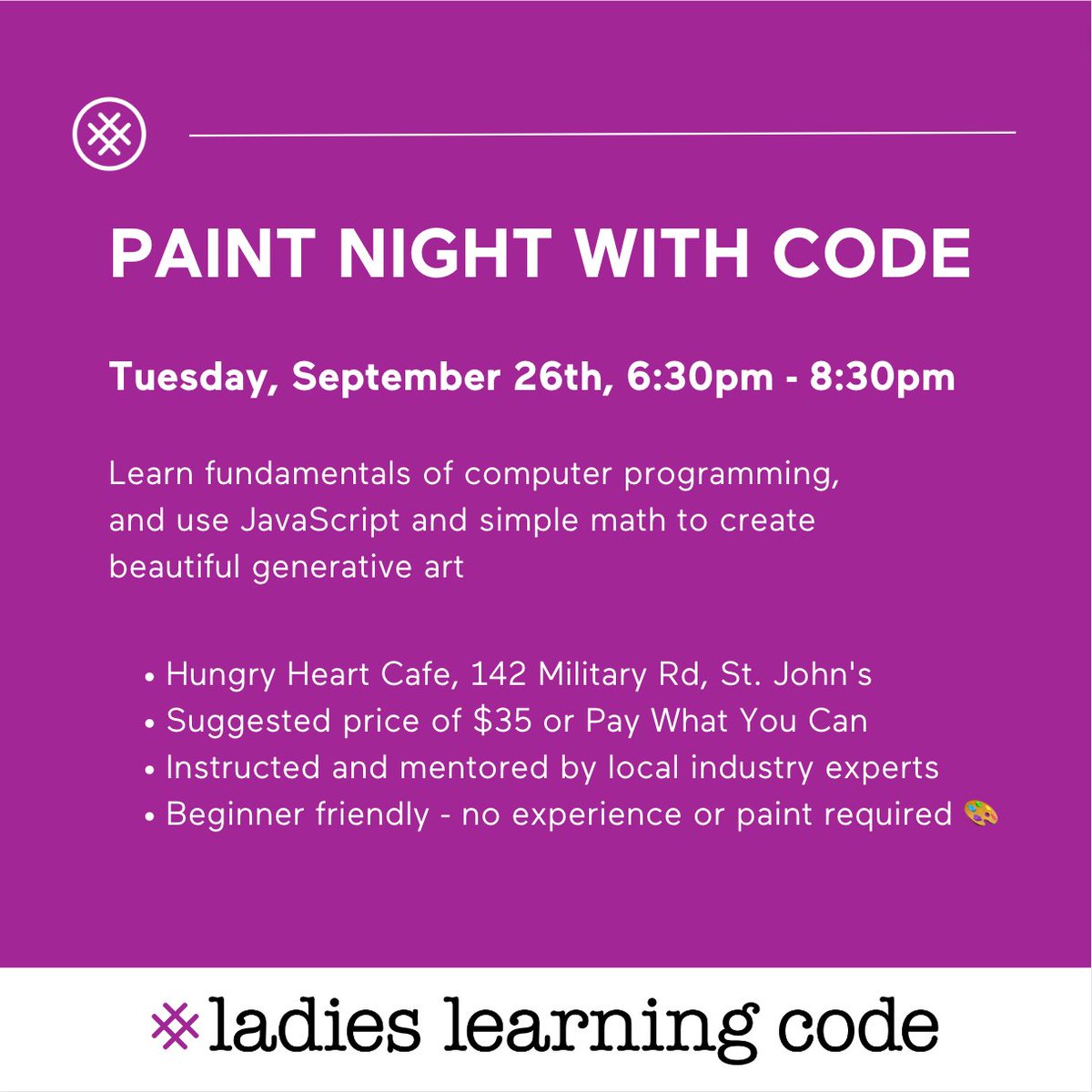 learningcodeyyt's tweet image. Join us for Paint Night with Code at @HungryHeartNL 👩‍🎨💻

This will be a fun evening of creating art using JavaScript, with absolutely no coding experience required✨

canadalearningcode.ca/experiences/st…