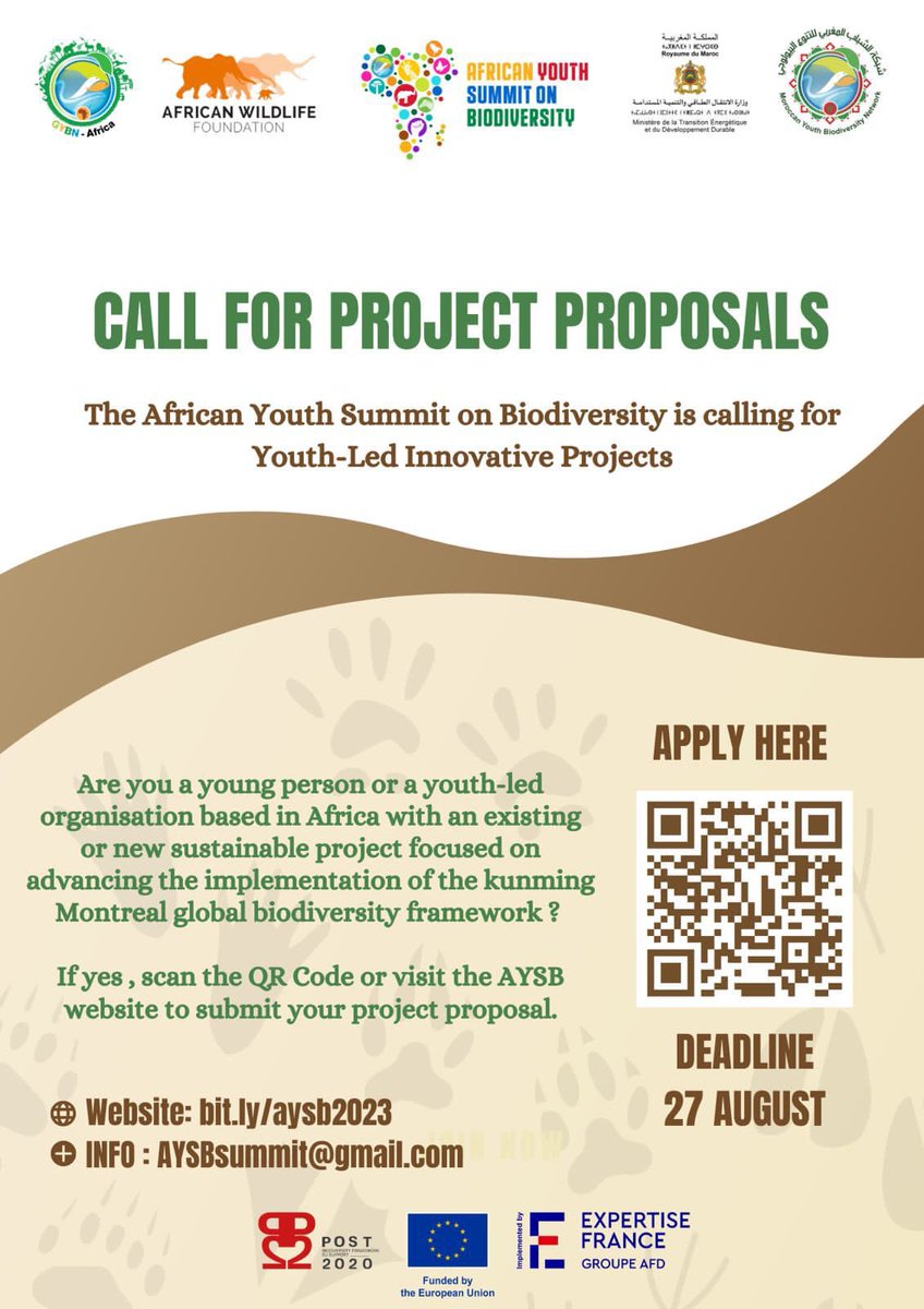 aysbsummit's tweet photo. 🌍 AYSB2023: Call for Project Proposals! 🌱
Join us in conserving biodiversity!
Apply 👉: https://t.co/tQ21B4ofRV
⏳Deadline: August 27th
#AYSB2023 #FromAwarenesToAction #AfricanYouth4Biodiversity https://t.co/0q95rHLtjL