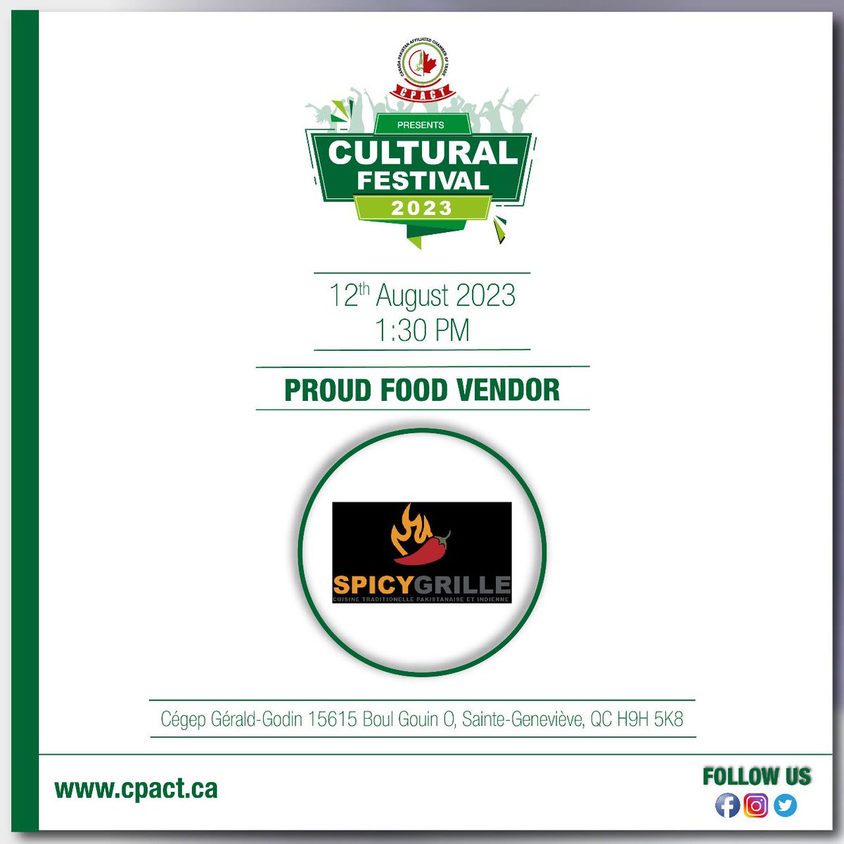 CPACTNEWS's tweet photo. 🎉 Join us in giving a hearty welcome to Spicygrille as a Food Vendor to our culinary journey at Cultural Festival 2023! 
🌐For more info: https://t.co/UGkXcC7oNF
#culturalfestival2023 #cpact #foodvendor #food #spicygrille #clebrationofculture #montreal #festival #canada https://t.co/JCZrDOhUY2