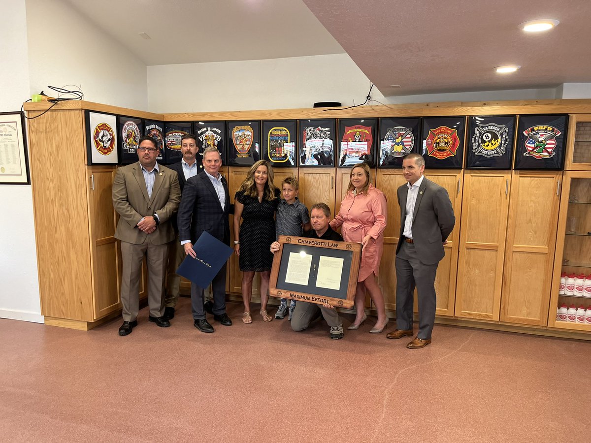 Great to be with @BrewerForVa, <a href="/BillDeSteph/">Senator Bill DeSteph</a>, <a href="/TheVaPFF/">Virginia Professional Fire Fighters</a>, and <a href="/VirginiaBeachFD/">VBFD</a> to present the 2023 bill signed by <a href="/GovernorVA/">Governor Glenn Youngkin</a> that expanded cancer coverage for Virginia firefighters to Sara and Gus Chiaverotti. The piece was designed and built by VB’s own, Valhalla’s Forge.