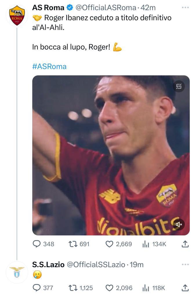 IFTVofficial's tweet photo. Lazio just trolled Roma on their announcement of Ibanez leaving the club 😂

Ibanez was known for being awful in the derby. So much so that loads of Lazio fans put his name on their jersey ☠️ https://t.co/K1KJowcPfb