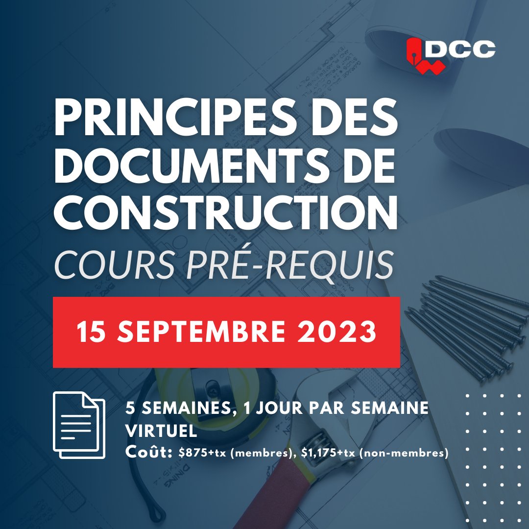 csc_dcc's tweet image. Le cours PDC offre une bonne compréhension de la documentation de construction, des produits, des procédures d'appel d'offres, etc. C’est un préalable à tous les autres cours du DCC. Visitez la page d'accueil du DCC ou contactez Clafton Fiola clafton@csc-dcc.ca pour plus d’info.