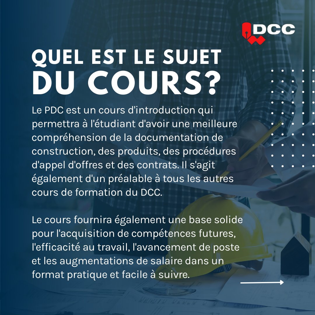 csc_dcc's tweet image. Le cours PDC offre une bonne compréhension de la documentation de construction, des produits, des procédures d'appel d'offres, etc. C’est un préalable à tous les autres cours du DCC. Visitez la page d'accueil du DCC ou contactez Clafton Fiola clafton@csc-dcc.ca pour plus d’info.