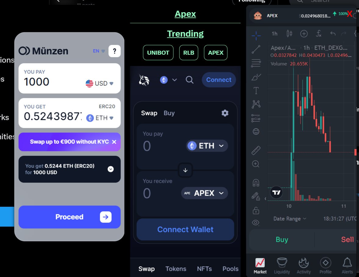 apexbotapp's tweet photo. Want to ape  but don't have enough ETH? 
We've got you covered with @derMunzen. Easily swap from your bank account to your favourite memecoins without even changing tab! https://t.co/SRBKSFs8Y0