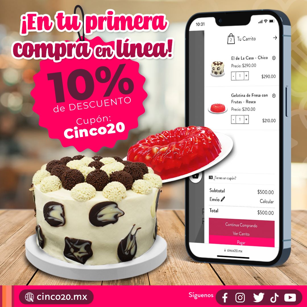 PastelCinco20's tweet photo. 🥳 Compra el línea y llévate un descuento en tu primera compra. Ingresa a https://t.co/gFdh3OCVHA y programa la fecha en la que deseas recibir tu producto. https://t.co/DS3itXUUI5