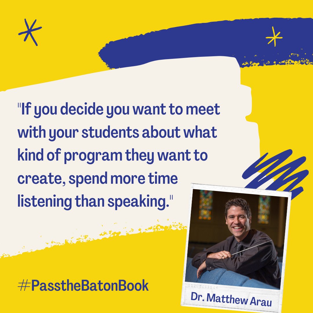 It’s #ThrowbackThursday! In Episode 31, we talked to Matthew Arau about creating a culture for student empowerment. Check it out on YouTube or your favorite podcast platform. YouTube: youtu.be/zhGGuYrLdO4 Spotify: spoti.fi/3bWeO1y #PasstheBatonBook #musiceducation