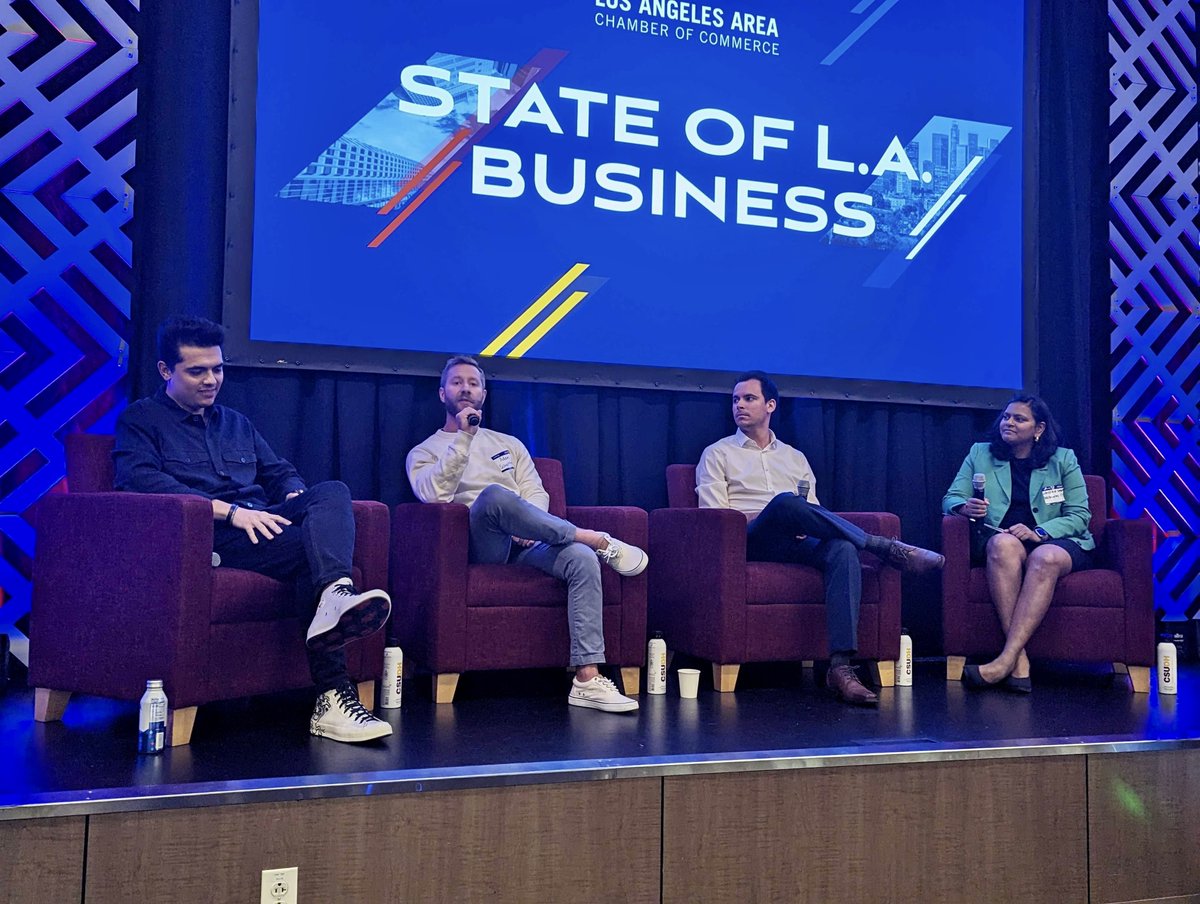 LAAreaChamber's tweet photo. Thrilled to have Hrishika Vuppala, @McKinsey, lead our "The Sports Revolution" panel discussion. Together with Kevin Buchmiller, @DominguezHills, Leo Faria, @riotgames, and Adam Schortman, @TheGuard, they discussed the evolution happening in sports and esports. #StateofLABusiness https://t.co/Ux42qcUWjH