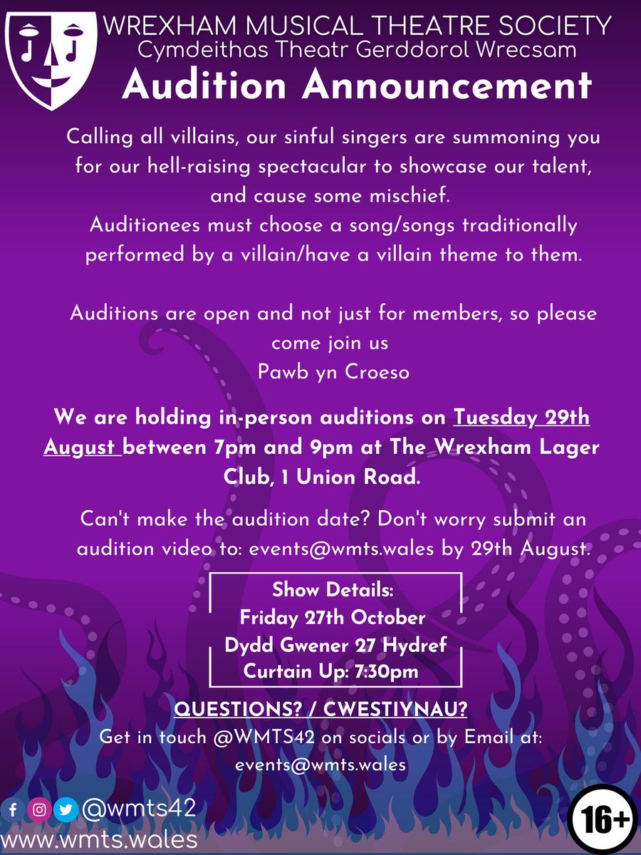 WMTS42's tweet image. Audition Announcement | Cyhoeddiad Clyweliad📢
We are holding in-person auditions:

📆Tuesday 29th August|Dydd Mawrth 29 Awst
⏰ Between 7pm and 9pm
📍At The Wrexham Lager Club, 1 Union Road.
Can't make the audition date? Submit your video to: events@wmts.wales