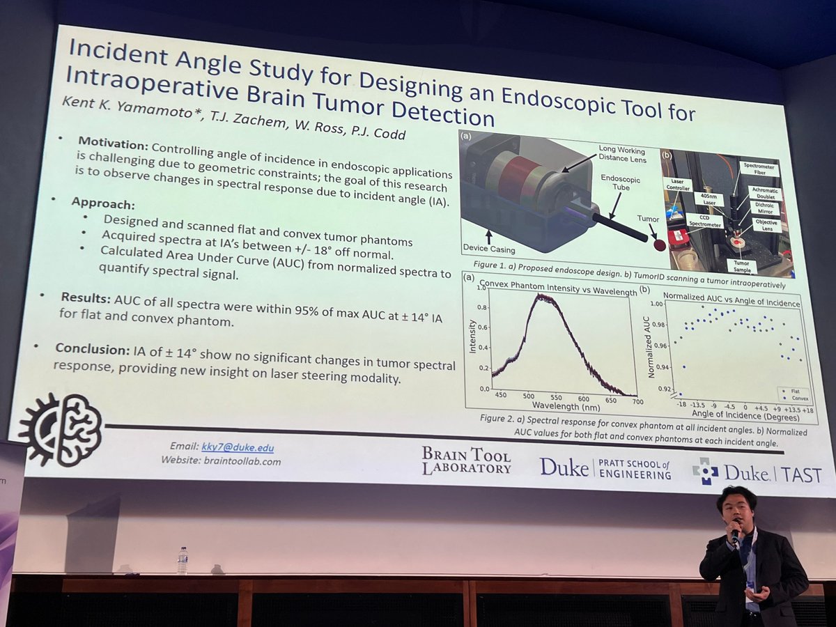 Congrats to Kent Yamamoto, student member of Duke Neurosurgery's Brain Tool Lab, who presented "Incident Angle Study for Designing an Endoscopic Tool for Intraoperative Brain Tumor Detection" @ Hamlyn Symposium on Medical Robotics @ the Imperial College London #BrainTumorThursday