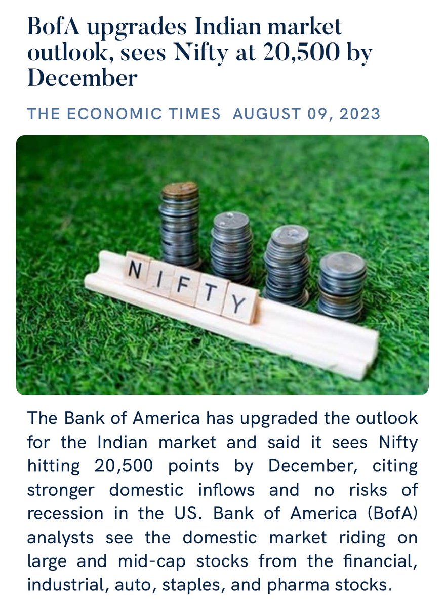 NaMoPraveenKor's tweet photo. BofA upgrades Indian market outlook, sees Nifty at 20,500 by December
 https://t.co/rCWN7omXmX

via NaMo App https://t.co/mQUX3rQdmn