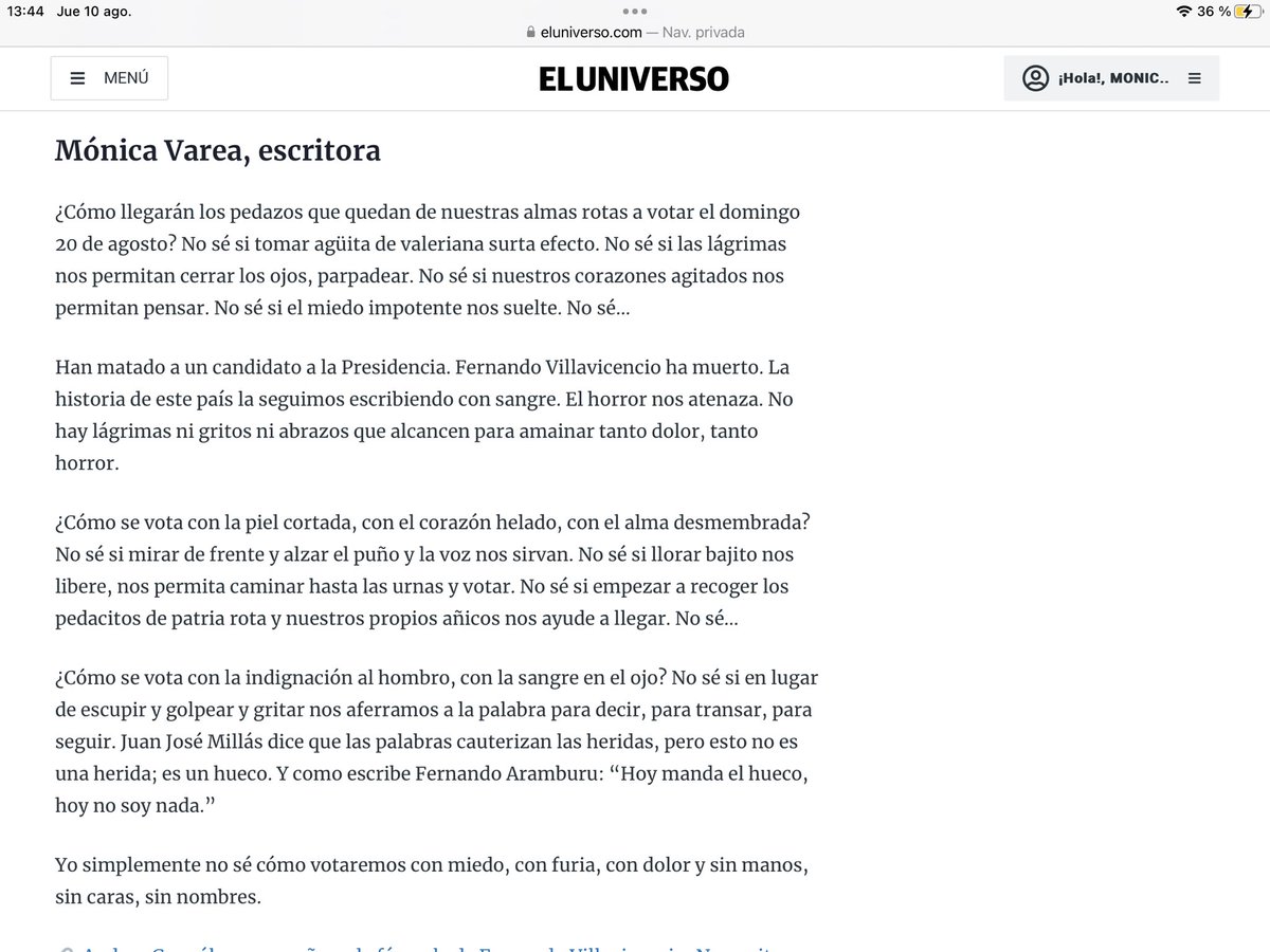 mocavarea's tweet photo. Quise guardar silencio ante el horror. Bajar los brazos, callar mi voz. Pero ⁦@eluniversocom⁩ me convocó esta mañana, me azotó con una pregunta: ¿En qué condiciones van a votar los ecuatorianos el 20 de agosto tras el asesinato de Fernando Villavicencio? 
Mi respuesta👇🏼 https://t.co/15qShzZCXE