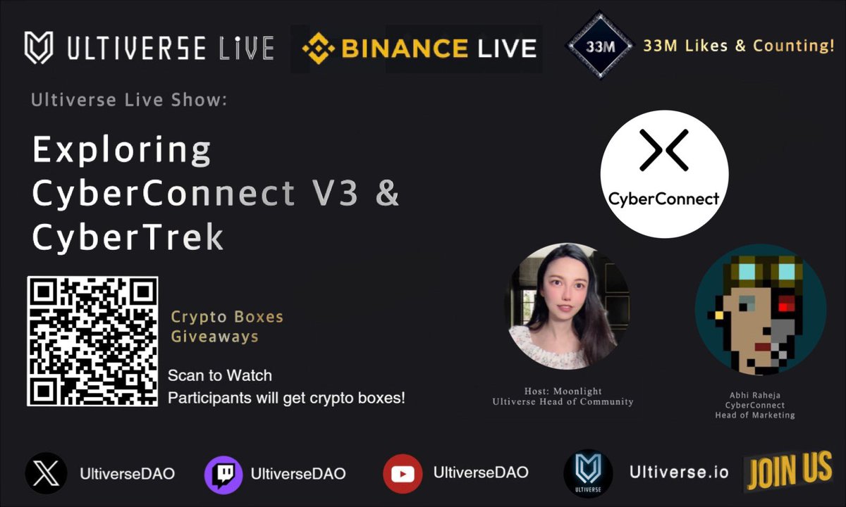 🎙️ #Ultiverse Live Show: Exploring CyberConnect V3 &amp; CyberTrek

🌟Speaker: Abhi Raheja, Head of Marketing at <a href="/CyberConnectHQ/">(Deprecated) CyberConnect</a> 
🌟Host: <a href="/Moon1ightSt/">Moonlight🌙月光</a>, Head of Community at <a href="/UltiverseDAO/">Ultiverse</a>

📅August 10th, 10 pm EST
#Binance Live: binance.com/en/live/video?…

🎁 Crypto box giveaways!